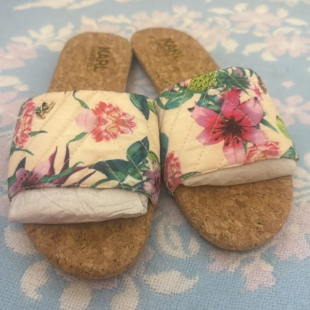 *Karl Lagerfeld* Sz 11 Floral Cork Slide Sandals NWOT!